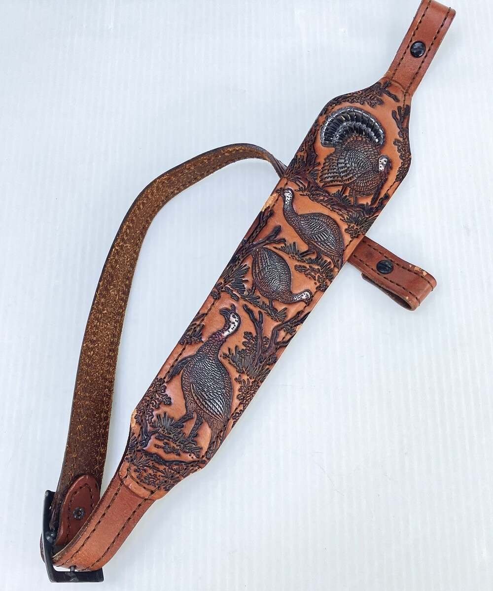 Vtg Leather Padded Gun Sling Tooled Embossed Turkey Detailed Design - Buckle
